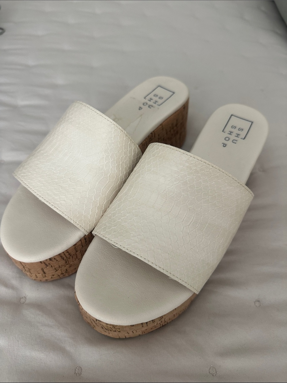 ShuShop Ivory Textured Cork-Platform Slide Wedges